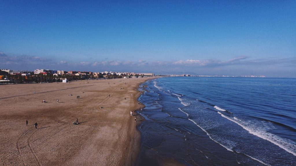Vista de una playa cercana a Valencia con perros paseando por la orilla